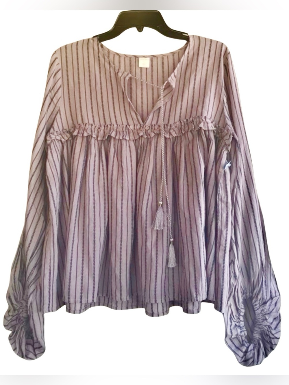 NWT Wild Pearl Anthropologie Striped Peasant Blouse with Tassel Tie